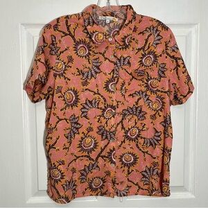 C&California Women’s Linen Coral Floral Short Lseeve Button Down Top | Medium